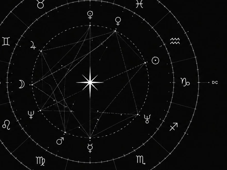 Natal chart wheel illustration with planets and zodiac signs